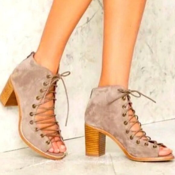 Jeffrey Campbell Cors Peep Toe Chunky Heel Tan Suede Bootie Women’s Size 9.5 - Picture 2 of 16